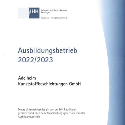 Zertifikat der IHK als Ausbildungsbetrieb 2022/2023