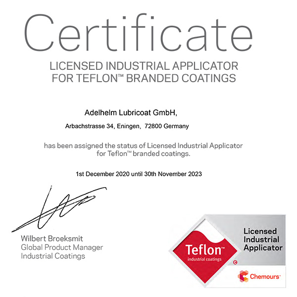 Chemours Telflon coating (PTFE) license for Adelhelm plastic coatings as licensed Teflon coater (PTFE)